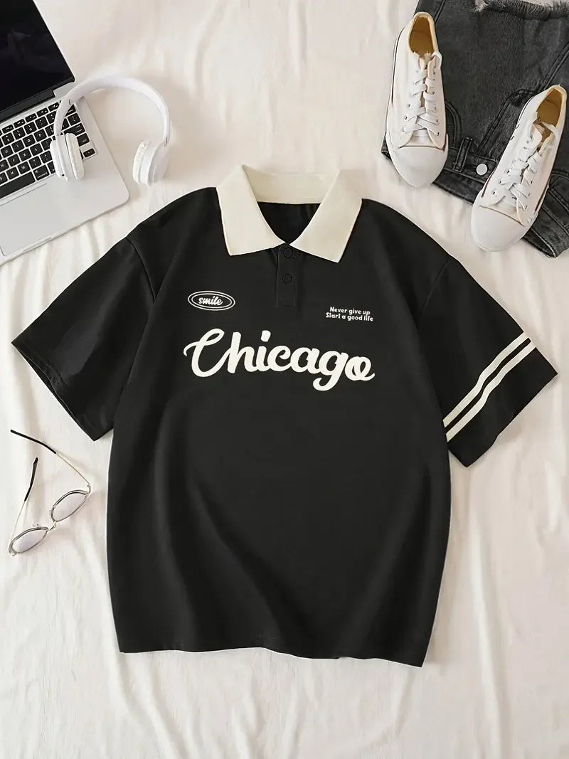 Yosef | Herren Polo-Shirt mit lockerem Schnitt und Chicago-Druck