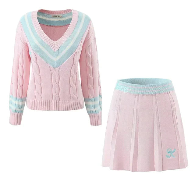 Mabrielle | Tennis-Pullover mit Zopfmuster und Faltenrock-Set