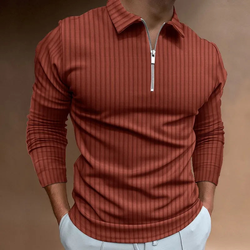 Nero | Einfarbiges, geripptes Poloshirt mit langen Ärmeln